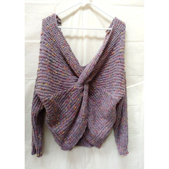 Main Strip Womens Sweater Large Lavendar Purple Knotted Front Mini Pom Pom - Picture 1 of 6